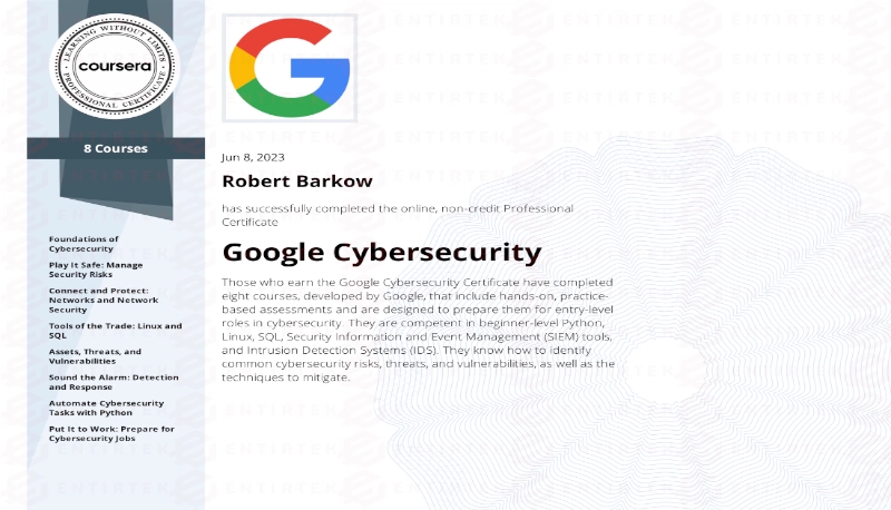 Entirtek Google cybersecurity certification picture